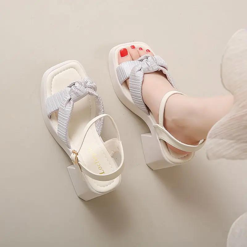Fashion Square Toe Block Heel Sandals for Women Designer Daily Casual Woman Shoes Luxury Summer 2025 Korea Low Price Comfort Vip Sandal