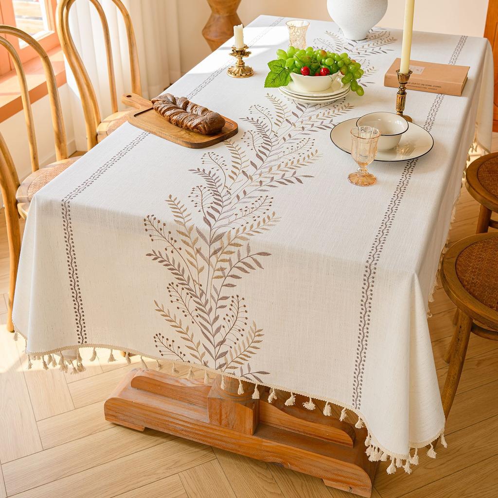 Embroidered Household Wear-Resistant Dining Table Cloth, Plant Flower Small Fresh Decorative Rectangular Dining Table Cloth