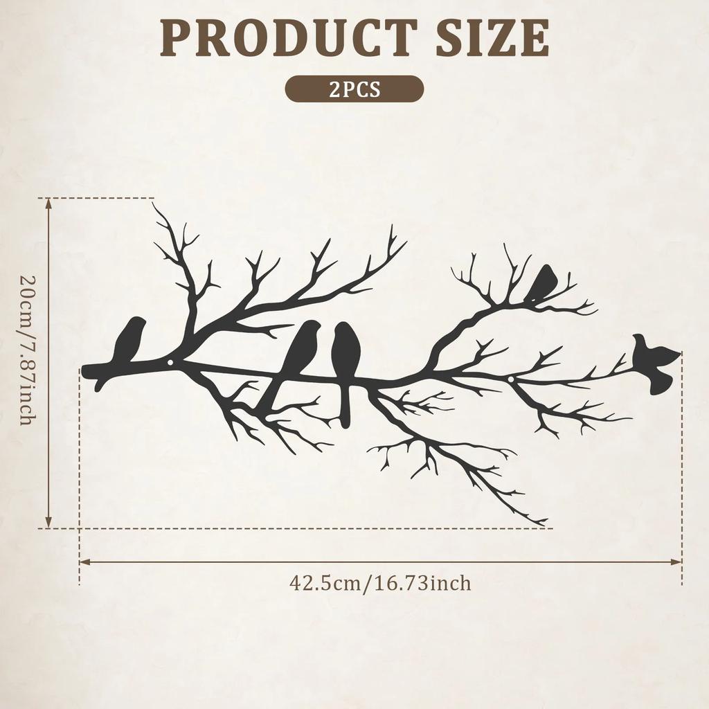 2Pcs Black Iron Branch Bird Style Wall Art Smooth Surface Branch Bird Silhouette Wall Decor for Home Balcony Garden