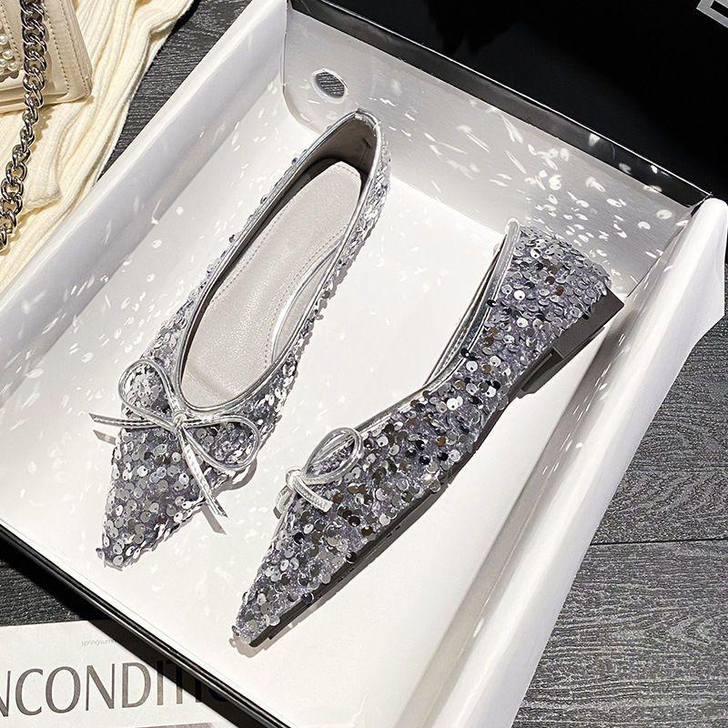 Fashion Sequins With Bow Slip-on Woman Flats Quick Delivery Young Trend 2025 Casual Chic and Elegant Summer Pointed Toe Shoes for Women