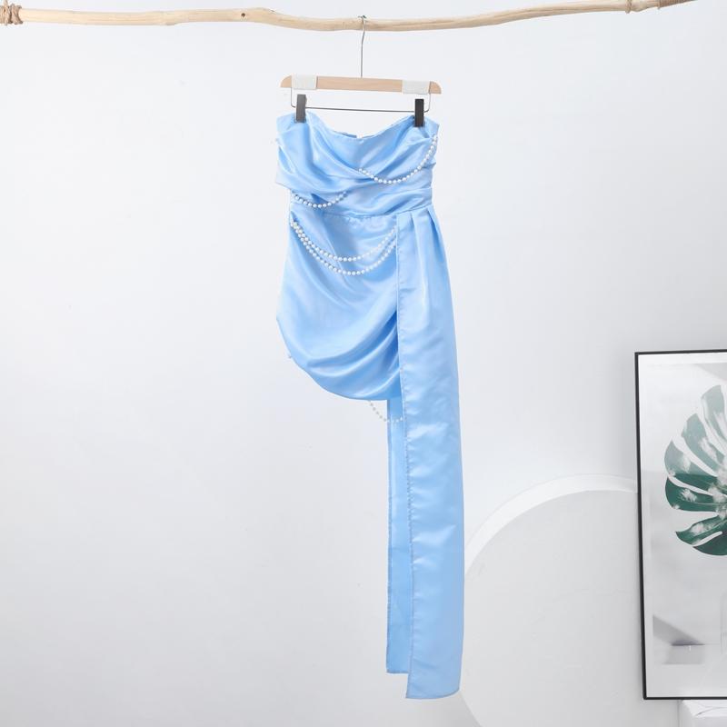 

Элегантное атласное платье без бретелек с жемчугом, женское сексуальное плиссированное светло-голубое мини-платье с открытой спиной, летнее новое женское вечернее платье 2025 года L светло-синий