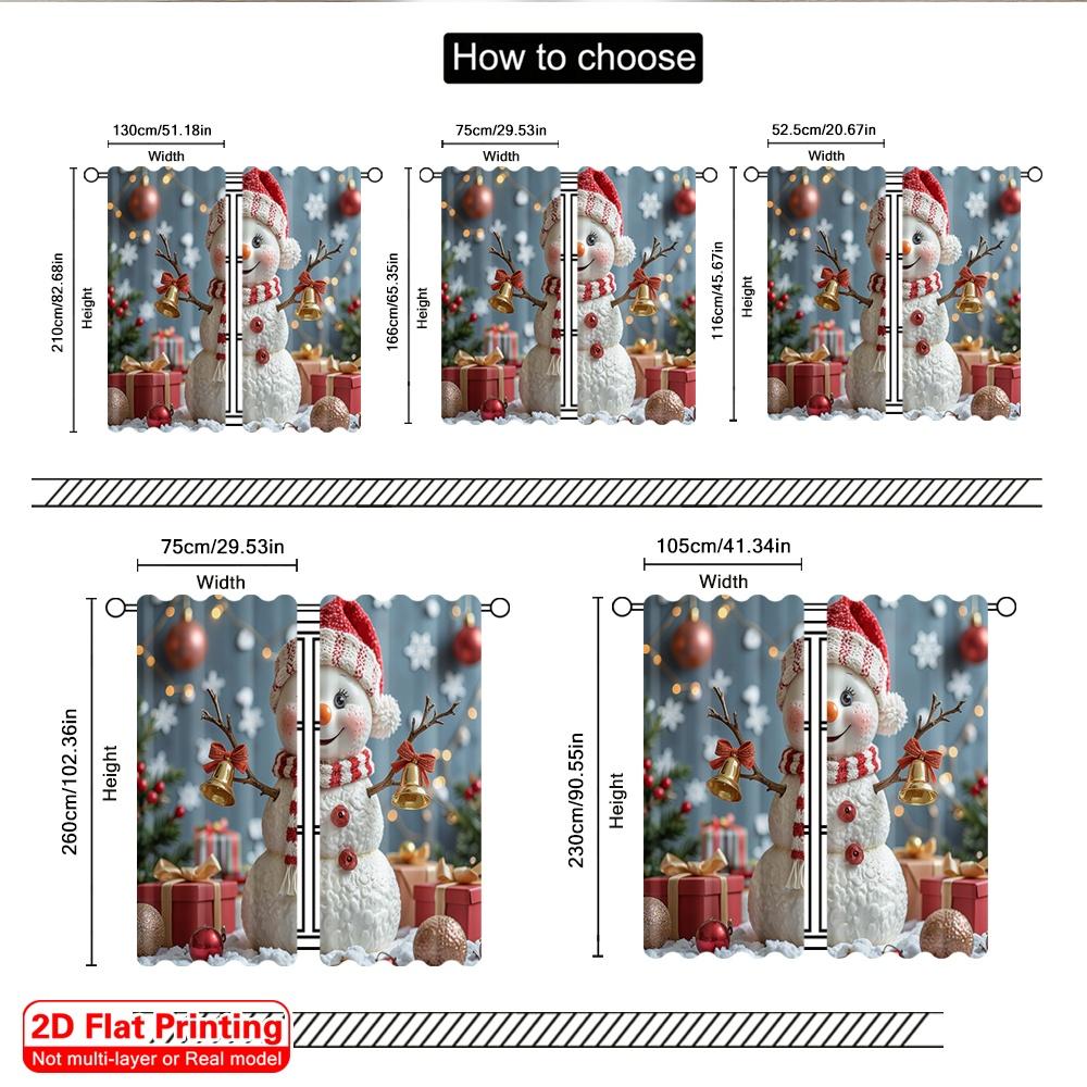 2pcs 2D Flat Printing Merry Christmas Window Curtains Cute Snowman Christmas Bells 100% Polyester Fabric Without Electricity