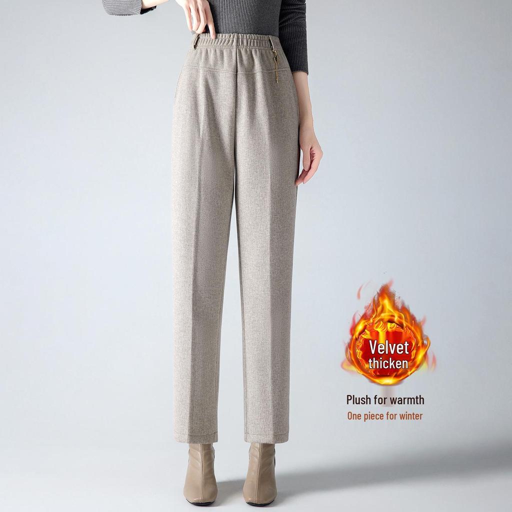 Damskie spodnie z wysokim stanem i podszewką z polaru 2025 - Wiosna/Jesień, Grube wełniane z prostymi nogawkami dla osób w średnim wieku i starszych