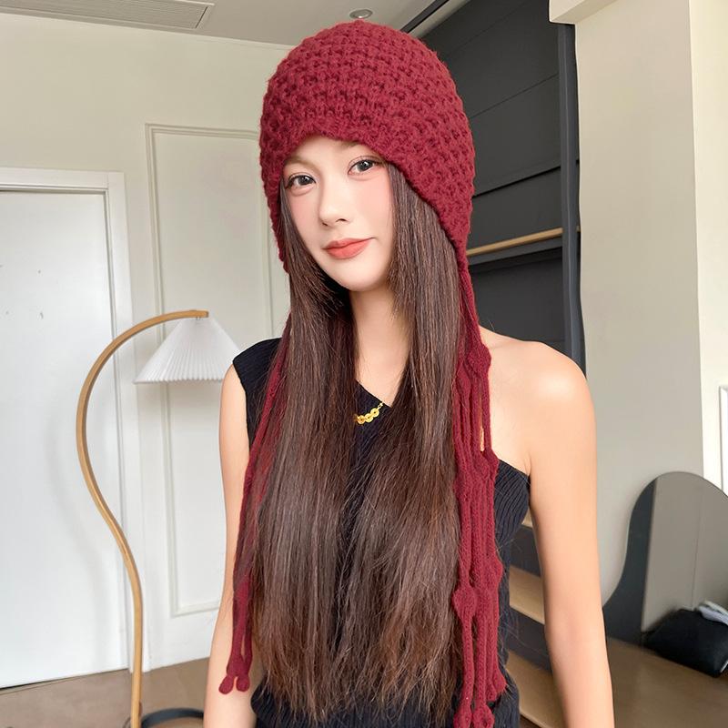 Warm Ear protecting Woolen Hat Autumn and Winter Hand Knitted Hollow Baotou Hat Women's Ethnic Style Tassel Pullover Knitted Hat