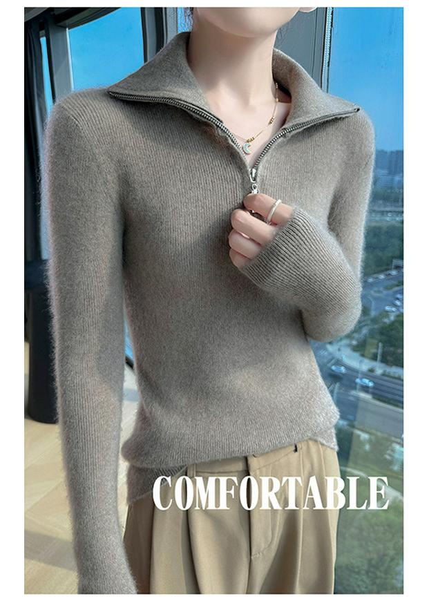 2025 Autumn/Winter Women's Slim Fit Striped Half-Zip Lapel Wool Knit Sweater