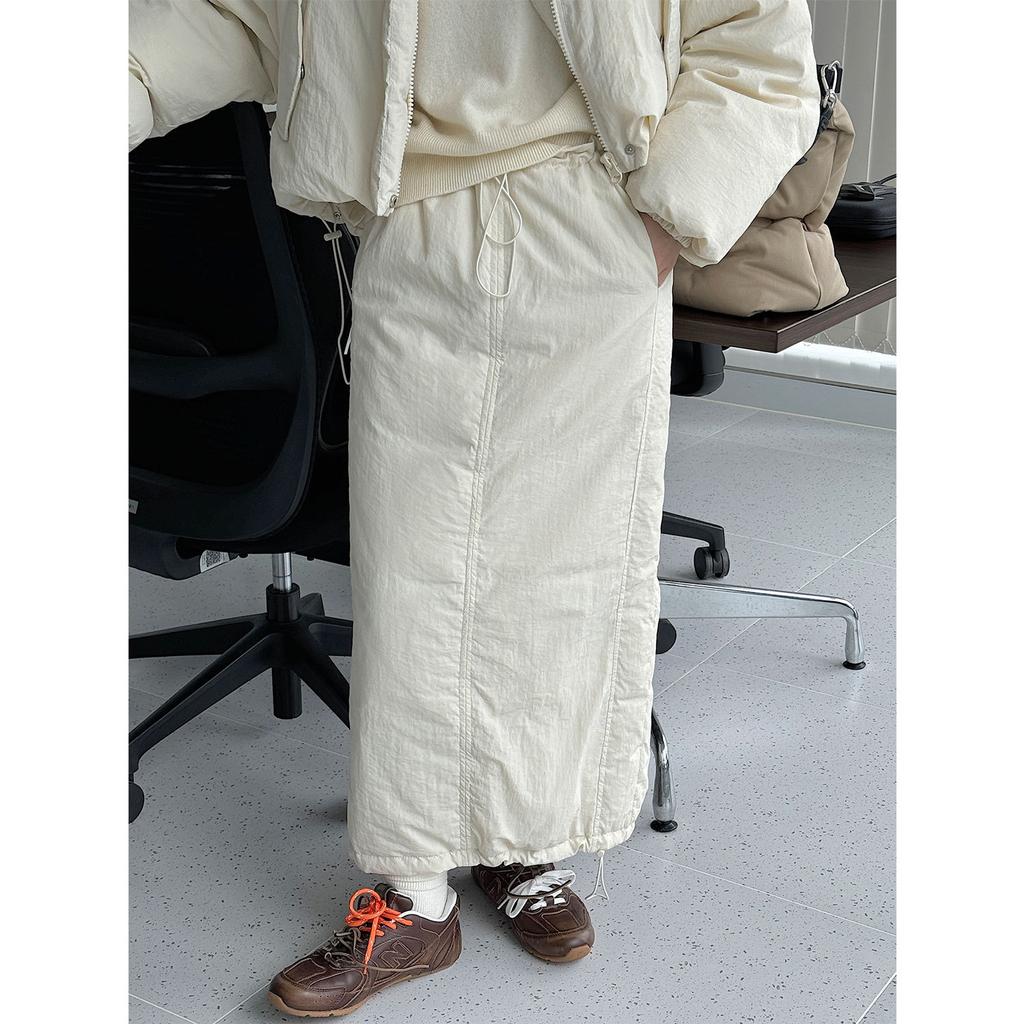 Johnature Winter Korean Skirts Women Casual Versatile Loose Warm Simple Cotton Slits Elastic Waist Skirt