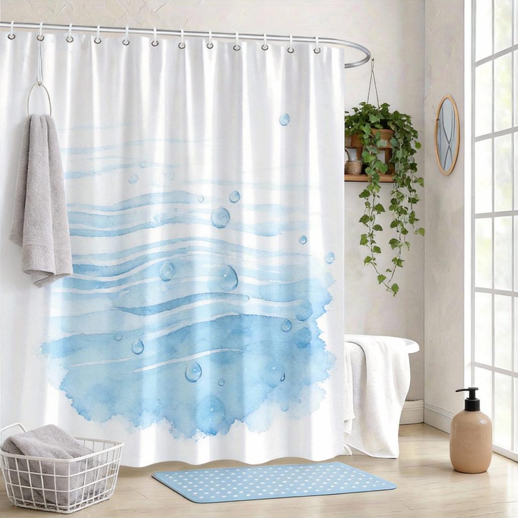 Minimalist Bubble Shower Curtain 180x180cm – Blue Translucent Spheres on White, Fresh Clean Bathroom Decor, 12 Hooks