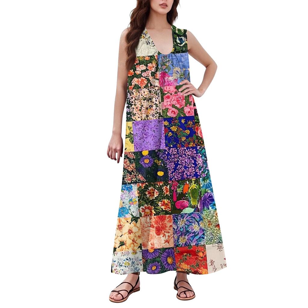 Women's Fashion Casual A-line Retro Printed Hammer Feeling Loose Long Skirt With Pockets