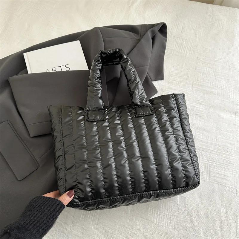 

Women s Large Capacity Tote Bag - Cotton Padded & Nylon Solid Color, Casual Fashion Elegant Handbag for Daily Use