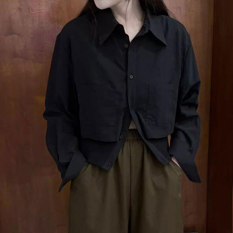 Women's Korean Chic Knit Patchwork Two-in-One Long Sleeve Polo Shirt with Pocket Design for Early Autumn