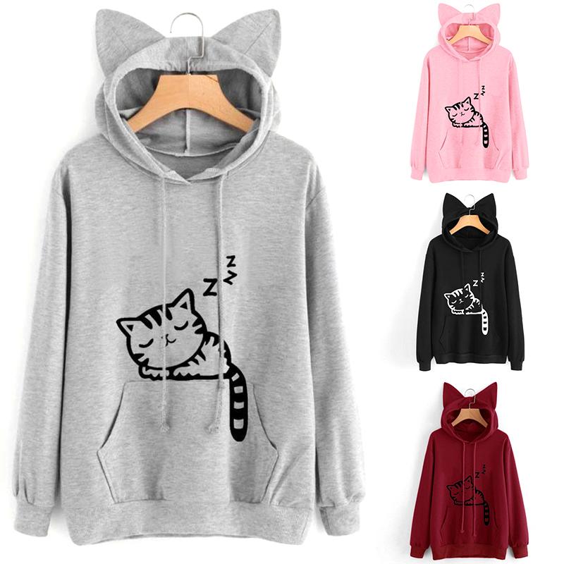 Buy Women's Cat Ear Hooded Sweatshirts Tops Girls Cat Printed Long