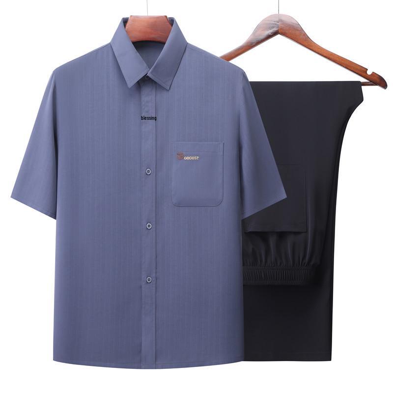 Men's Summer Jacquard Ice Silk Two-Piece Set: Short-Sleeved Loose Shirt & Casual Pants for Middle-Aged and Elderly