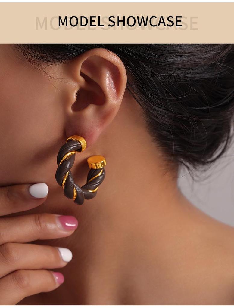 Retro Cable Knit Leather Earrings: French Chic C-Shaped Gold-Plated Copper Hoops