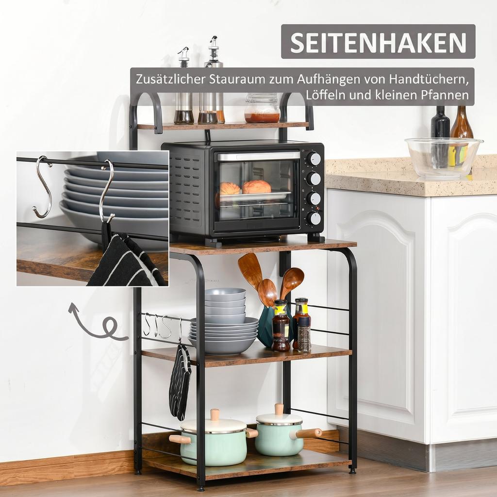 4-Tier Baker's Rack, Microwave Stand with 4 Hooks, Kitchen Storage Unit for Spices, Pots and Pans, Rustic Brown