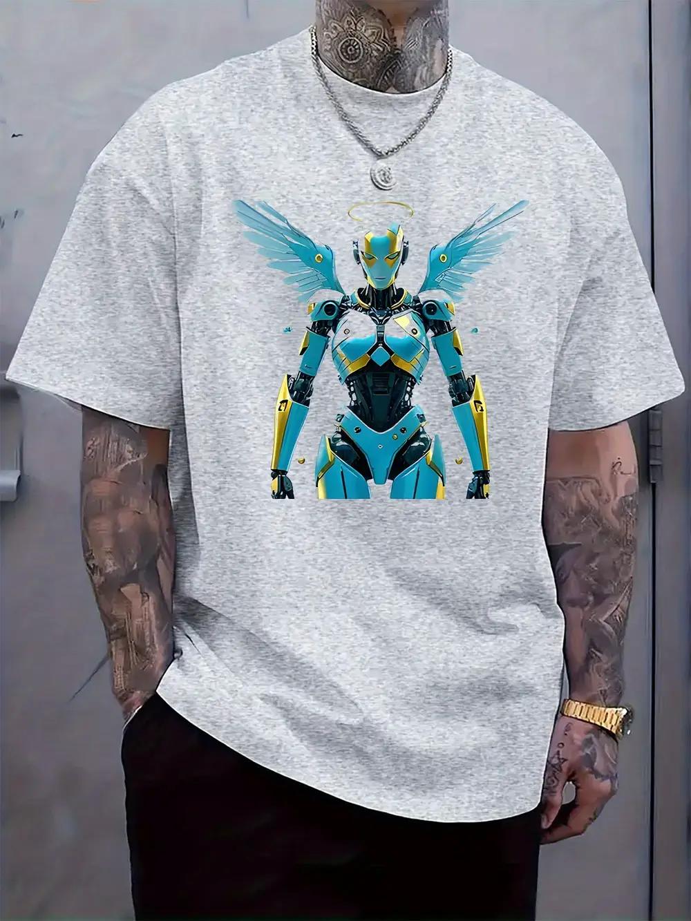 

Stylish Mechanical Angel Print T-shirt - Blue & Yellow Graphic Design XXXL