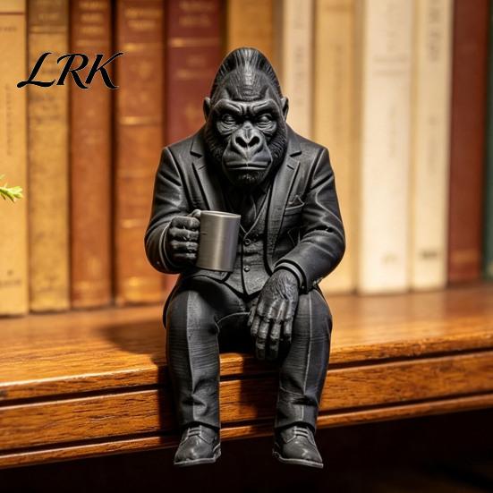 Cool Shelf Edge Ornaments 3D Printed Gorilla in Suit Ornament, Coffee Drinking Figurine, Creative Animal Decorative Figurines for Sculpture,
