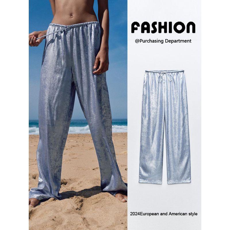 Za2024 Summer New Product Women's Clothes Fashion Elastic Waist Drawstring Wide Leg Aluminum Foil Casual Pants 8741038 406