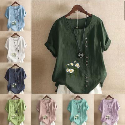 Women's Fashion Round Neck Short Sleeve T-shirt Casual Cotton Linen Graphic Shirt Leisure Loose Flowers Prined Summer Blouse Tops