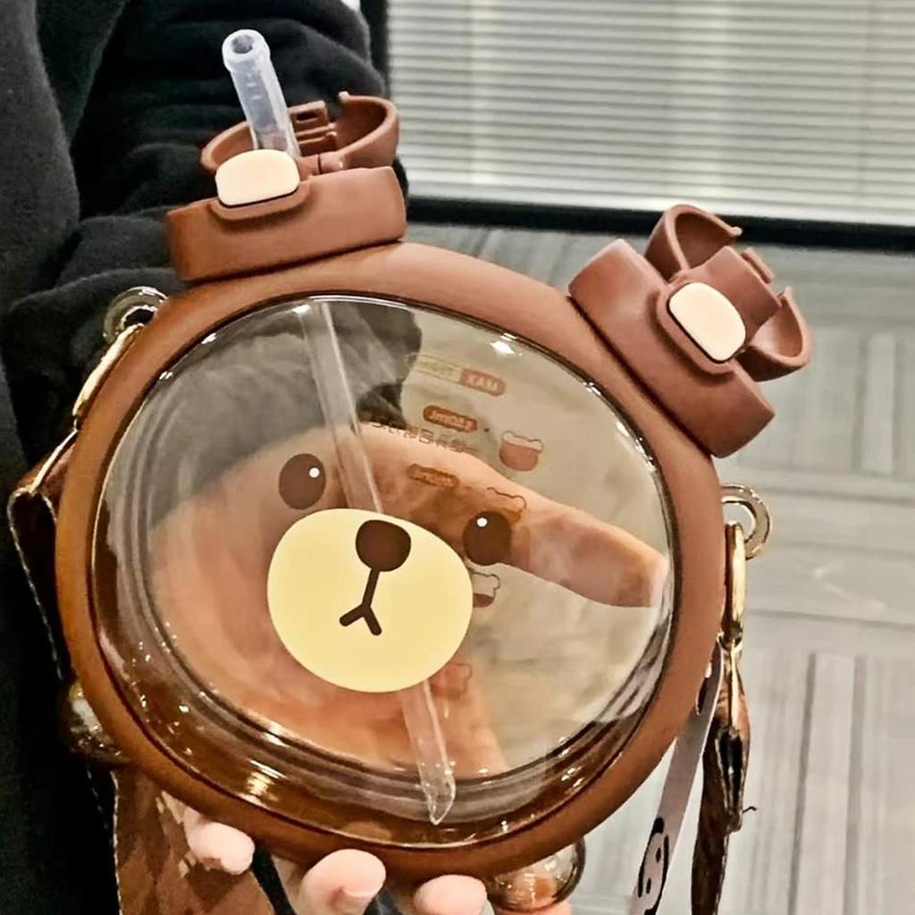 Großes Fassungsvermögen 750ml Niedlicher Bären-Wasserkocher Becher mit Strohhalm Sommer Silikon-Strohhalm Trinkbecher Kinder Wasserbecher Für die Schule