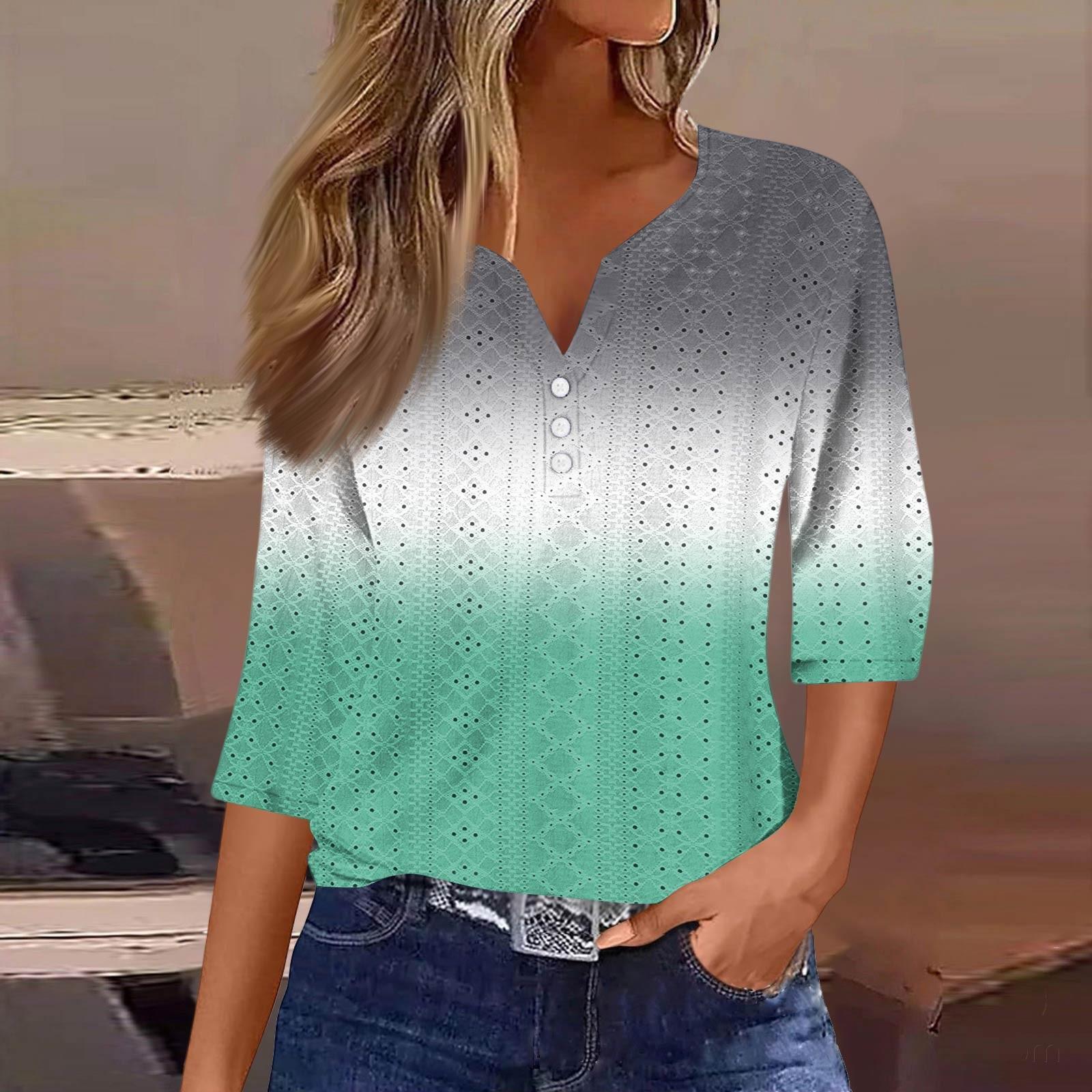 

Women s Fashion V-Neck Button Seven Sleeve T-Shirt Casual Gradient Printed Top S зелений