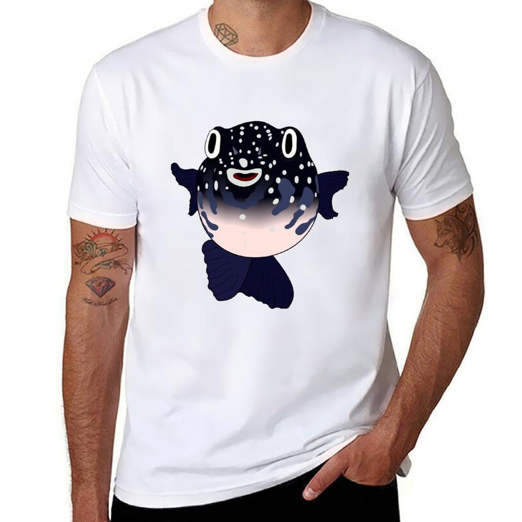 Pufferfish In Blue Tshirt Basic Casual Wear Short Sleeve Top