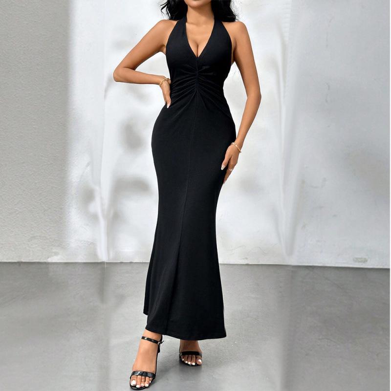 2026 Chic V-Neck Halter Dress: European & American Backless Party Elegance L чёрный