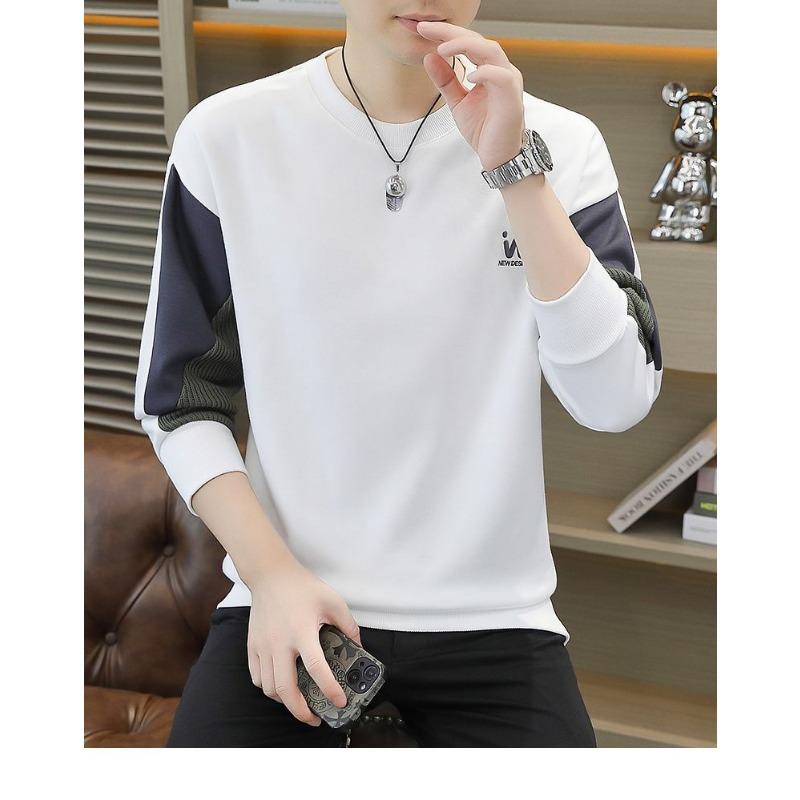 Men's Velvet Thickened Sweatshirt Long-sleeved T-shirt Autumn and Winter Trendy Round Neck Splicing Versatile Casual Top