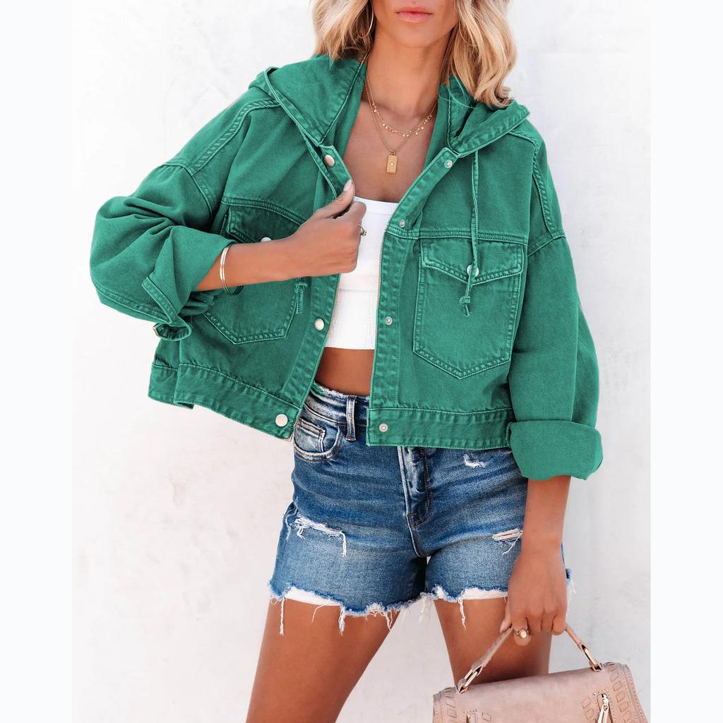 Módní bundy pro ženy Džínová bunda s kapucí Ženy Vintage Jean Kabáty Běžné Top oblečení S dlouhým rukávem Ženy Streetwear