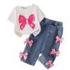 Girls' Fashion Set - Summer Children's Casual White T-shirt with Real Butterfly + 3D Butterfly Knot Washed Water Buffalo Jeans Set