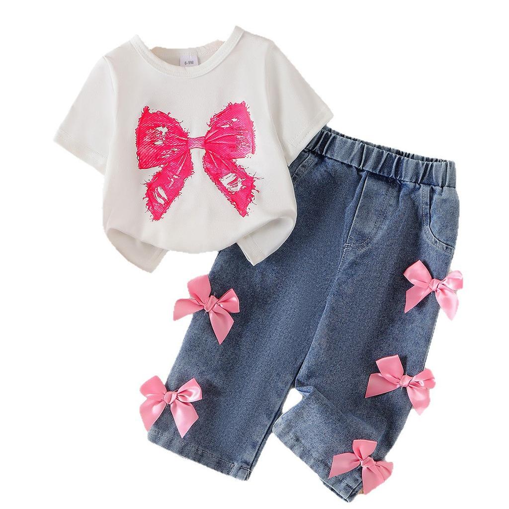 Girls' Fashion Set - Summer Children's Casual White T-shirt with Real Butterfly + 3D Butterfly Knot Washed Water Buffalo Jeans Set