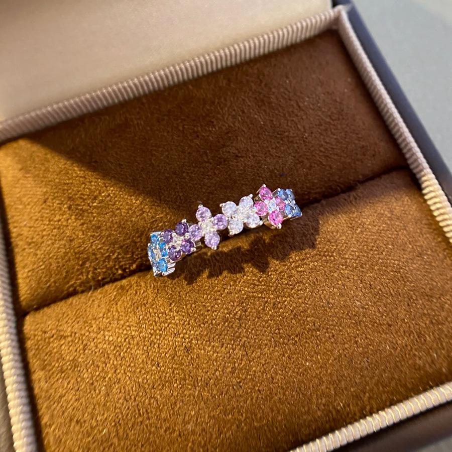 Vintage Dopamine Clover Ring French Light Luxury Color Diamond Monet Garden Strip Ring Row Ring Female