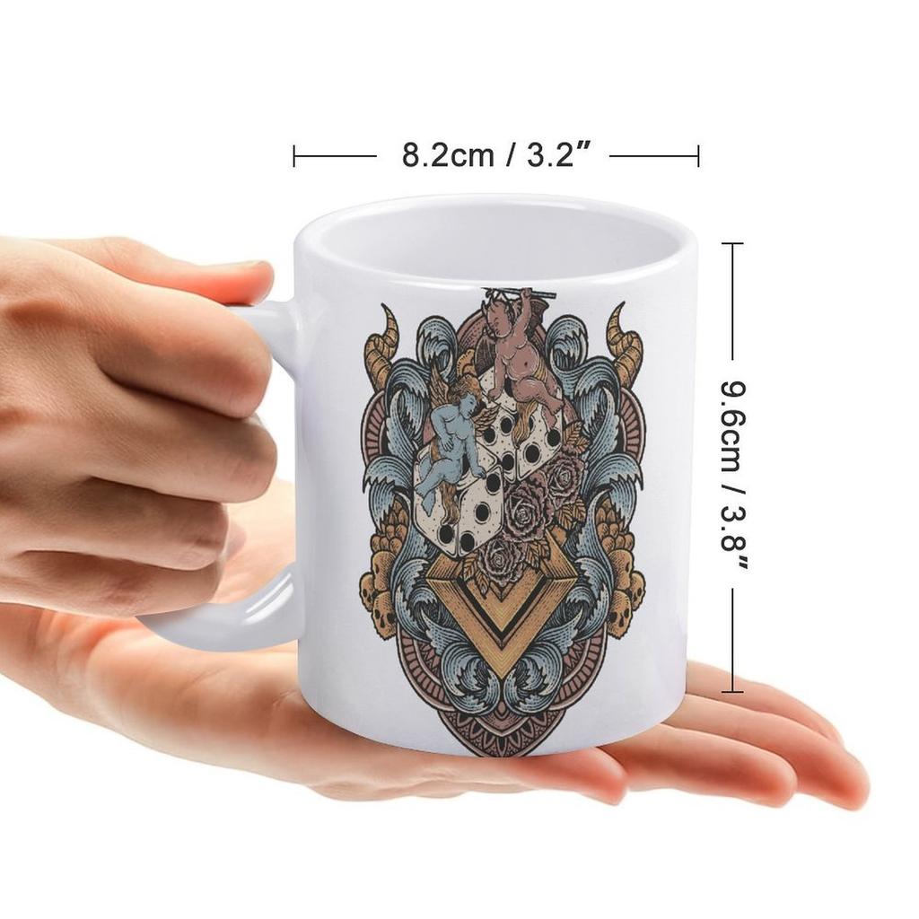 11oz White Ceramic Cup with Smooth Surface and Printed Sides, Heat-Resistant for Everyday Tea, Cocoa and Coffee Break