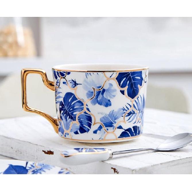 European-Style Bone China Coffee Cup and Saucer Set, Luxury English Ceramic Black Tea Cup with Gold Trace, Afternoon Tea Cup Porcelain Cup