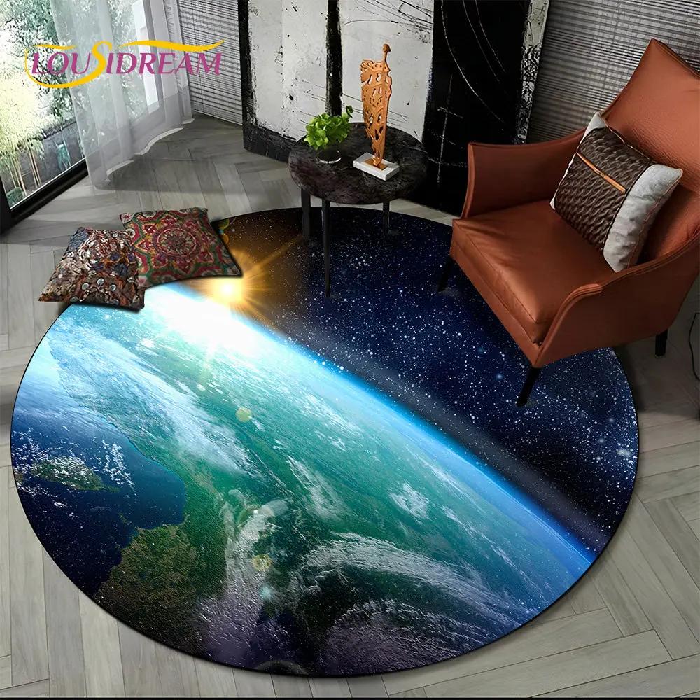 Earth Space Fixed Stars Galaxy Round Area Rug,Carpet for Living Room Children's Bedroom Sofa Playroom Decor,Non-slip Floor Mat