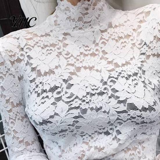 Blouse Half High Collar Long Sleeves See-Through Autumn Top Slim Lace Crochet Patchwork Hollow Tee Streetwear