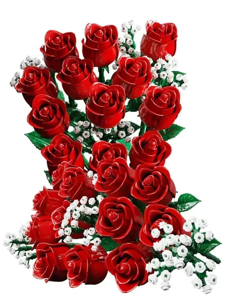 Romantic Rose Flower Bouquet Building Blocks Creative Home Desk Plant Decoration Assemble Bricks Toys For Gifts Girls Lady