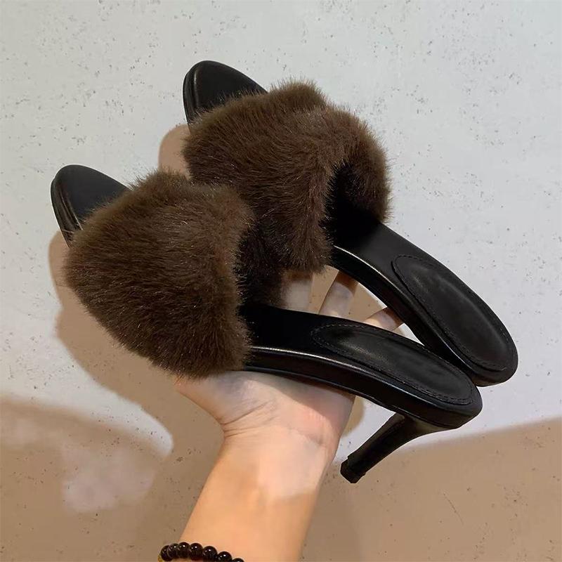 Fur Women High Heels Slippers Designer Shoes Dress Luxury Women Cotton Shoes 2025 Winter Elegant Sexy Zapatos Para Mujer