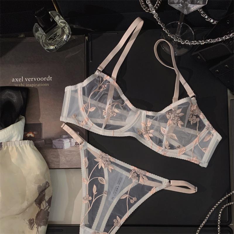 Conjunto de sujetador sexy de encaje francés con bordado: Diseño Adelgazante Transparente para Pechos Grandes o Pequeños, Reduce la Grasa Lateral, Efecto Recogido Ultradelgado