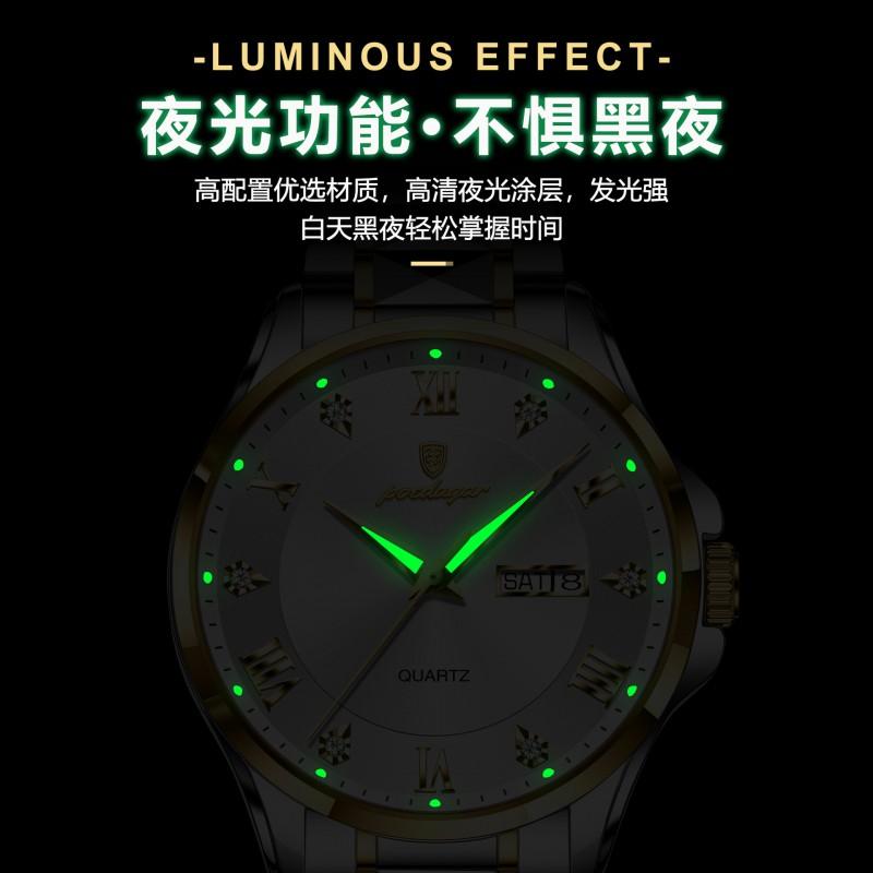 Mens Luxury Dual Calendar Quartz Watch With Luminous Hands Date Day Display Stainless Steel Band 42mm Round Dial