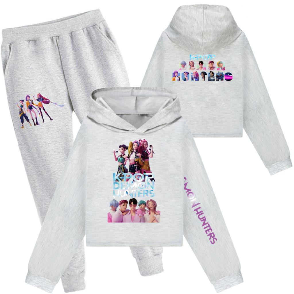 Girls Clothing Sets Kpop Witch Hunt Girls' Half Waist Short Hoodie Single and Double Sleeve Printed Casual Set