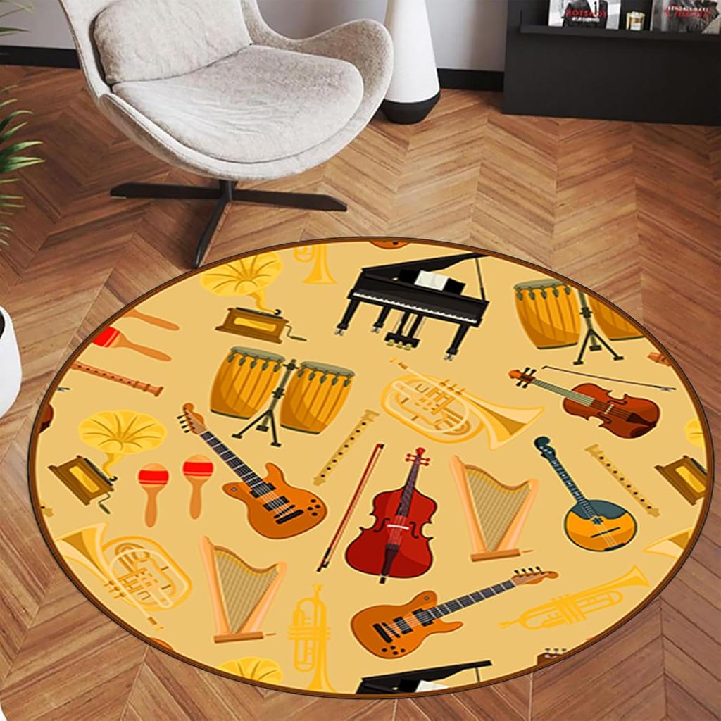 Music Round Area Rug,  Colored Piano Keys Notes, Non-Slip Floor Mat Carpet for Bedroom Living Room Study Playing Classroom Decor