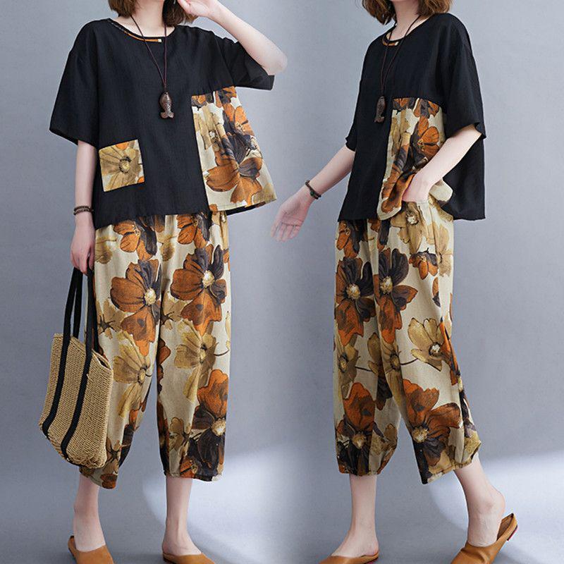 2026 Summer Women's Slimming Suit: Loose Top & Printed Nine-Point Pants Plus Size Two-Piece Set