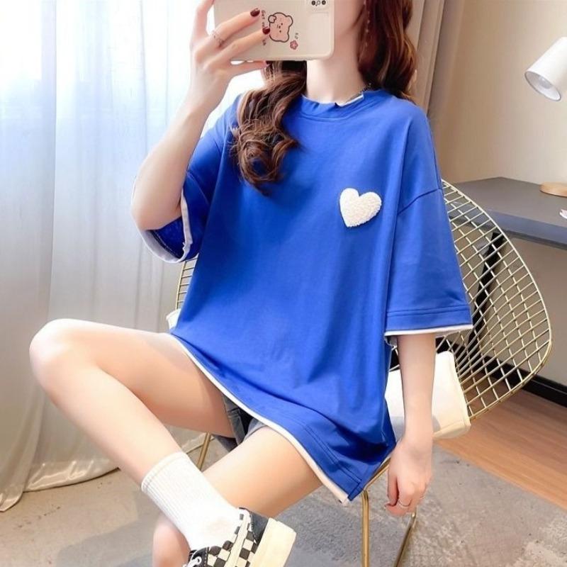 Ladies' Fake Two T-shirts Female Contrasting Color Round Neck Short Sleeved Blouse Summer New Korean Loose Versatile Top