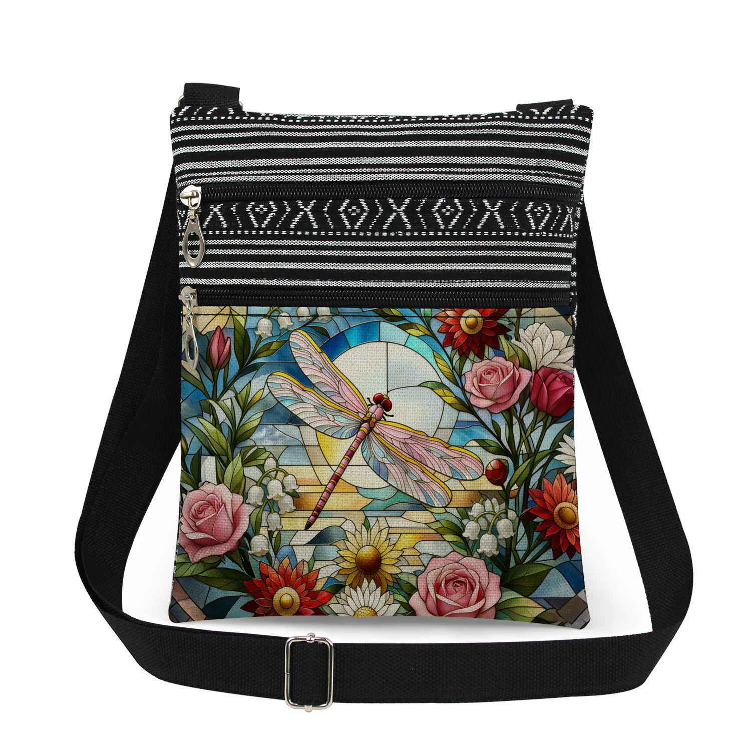 Girlsiii Shoes Women's Light Double Zipper Dragonfly Printed Oblique Span Bag, Messenger Bag Adjusting Shoulder Strap Shoulder Bag.