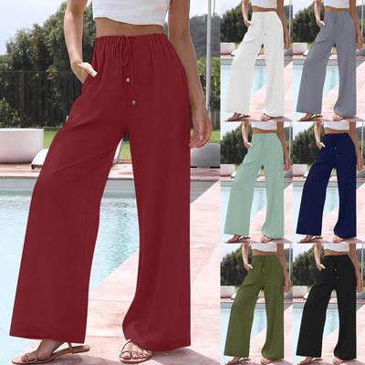 Pantaloni Larghi Estivi da Donna in Cotone e Lino Fluttuanti a Gamba Larga Monocolore con Coulisse Pantaloni da Spiaggia (con tasche)