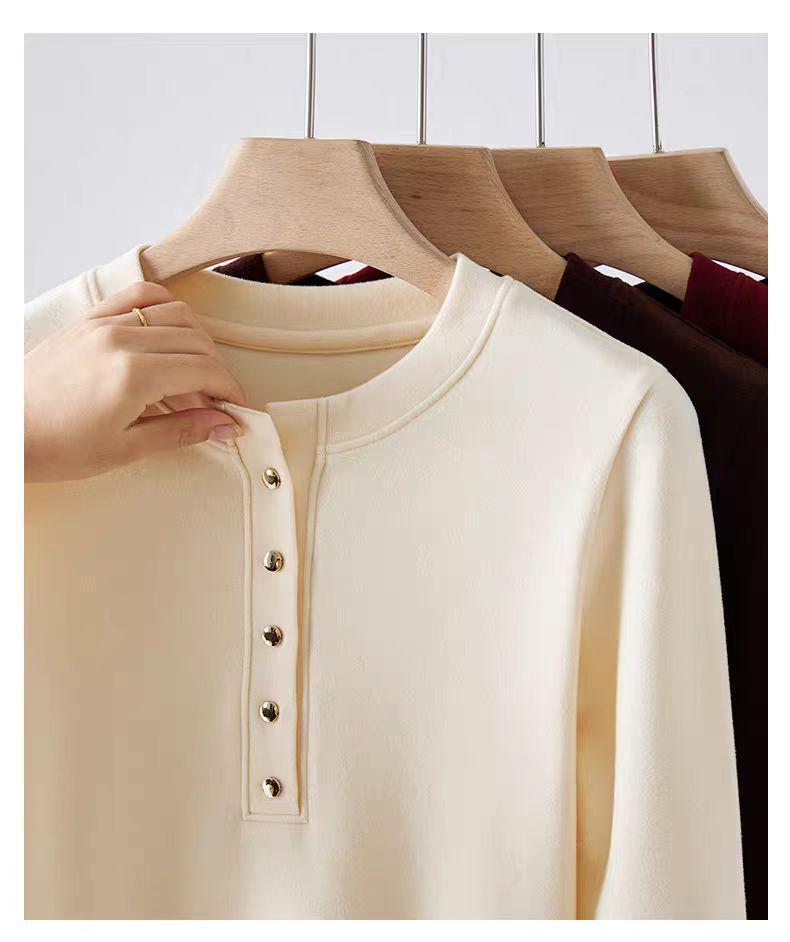 Women's 270g Slimming Long-Sleeve Fleece T-Shirt, Spring/Autumn 2025 Style, Button-Up Round Neck