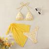 3-tlg./Set Damen Blumenmuster Bikini-Set Neckholder Gepolstert Ohne Bügel BH Schnelltrocknend Badehose Unifarben Überwurf Rock Set Sommer Strandmode