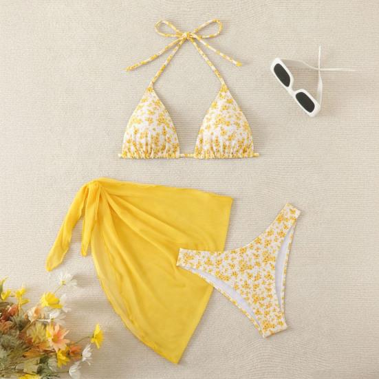 3-tlg./Set Damen Blumenmuster Bikini-Set Neckholder Gepolstert Ohne Bügel BH Schnelltrocknend Badehose Unifarben Überwurf Rock Set Sommer Strandmode
