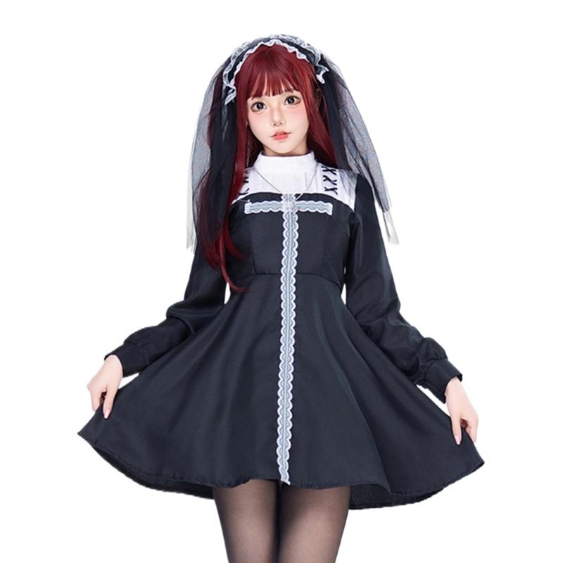 Punk Bride Dress up Costume Accessories for Women Girl, Halloween Nun Costume Accessories with Dress Headdress, Necklace XL