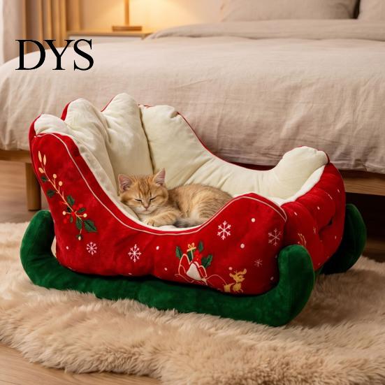 Anti Scratch Pet Bed Christmas Sleigh Shaped Bed, Cozy Holiday Cat Dog Sofa Anti‑Slip Base Comfortable Foam Mat Soft Cushion, Washable Sleeping for
